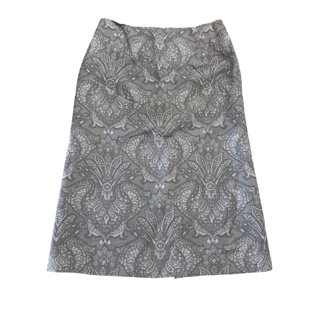 Pendleton 100% Virgin Wool Paisley Damask Midi Skirt Grey White Petite 14 USA